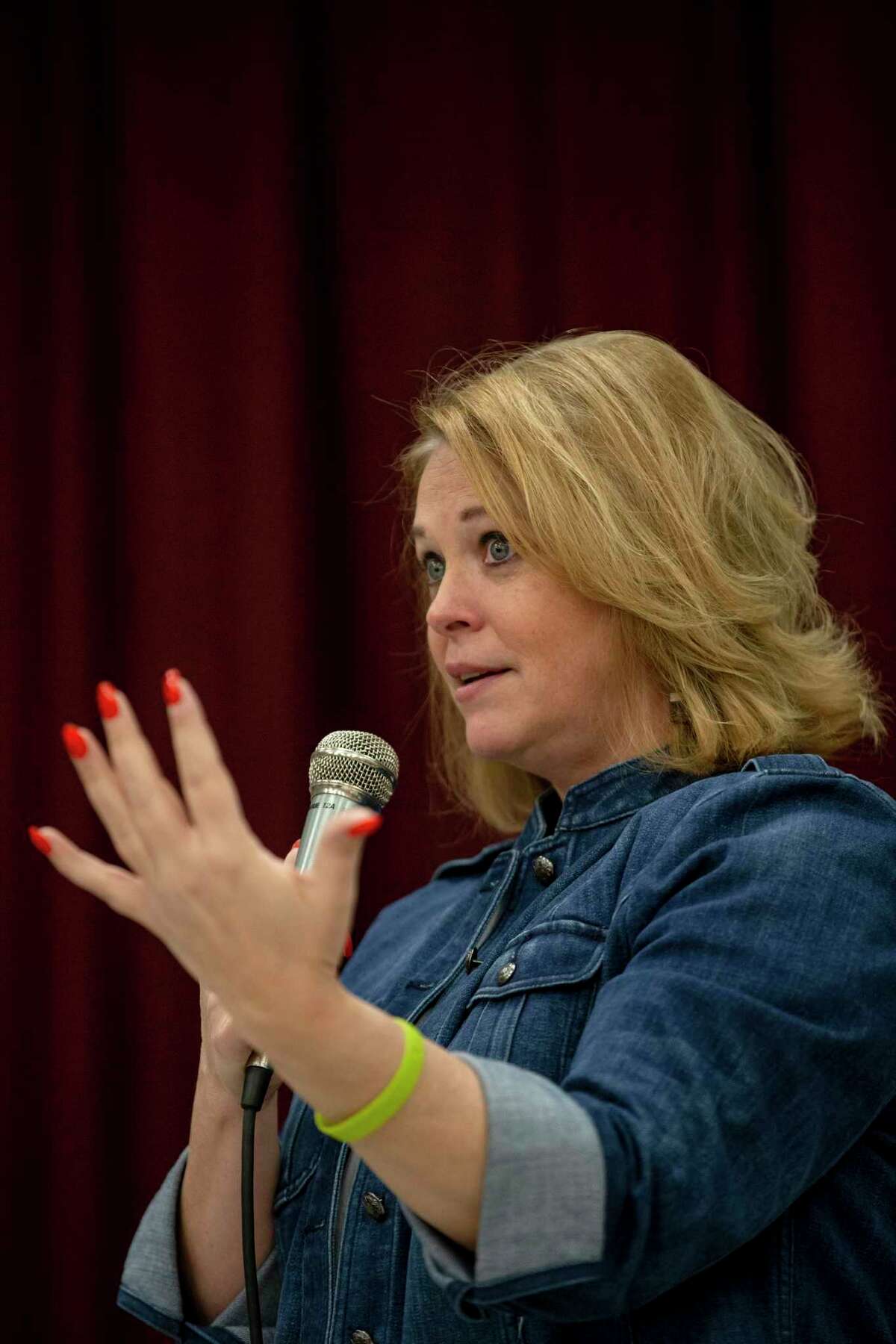 Director of Metro Health Dawn Emerick addresses community concerns about the new coronavirus, called COVID-19 during a District 4 forum on public safety held at John Glenn Elementary School in San Antonio on Feb. 27, 2020.