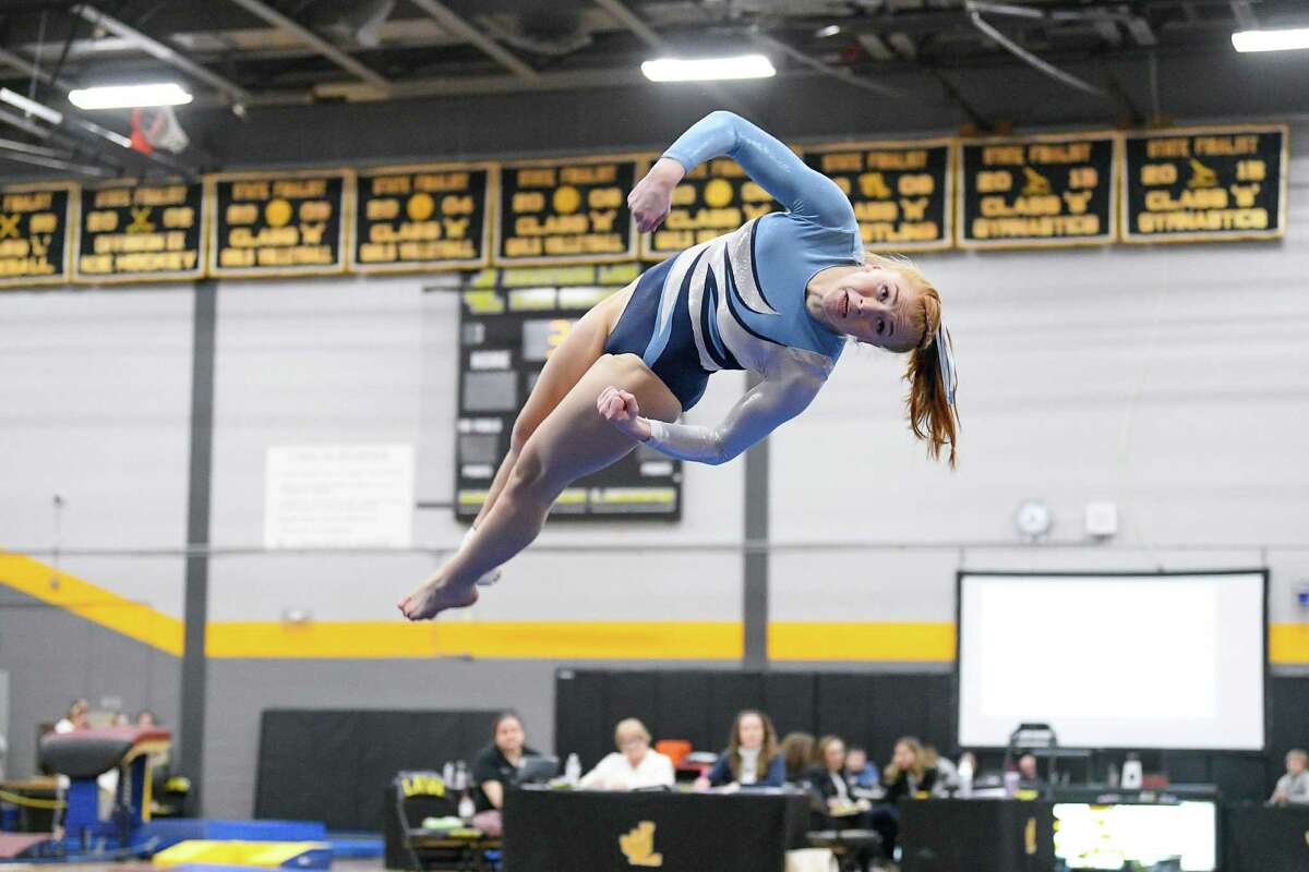 Wilton High’s Sarah Collias competes in the Floor Exercise during the CIAC Class M Gymnastics Championship at Jonathan Law, Saturday, February 29, 2020,