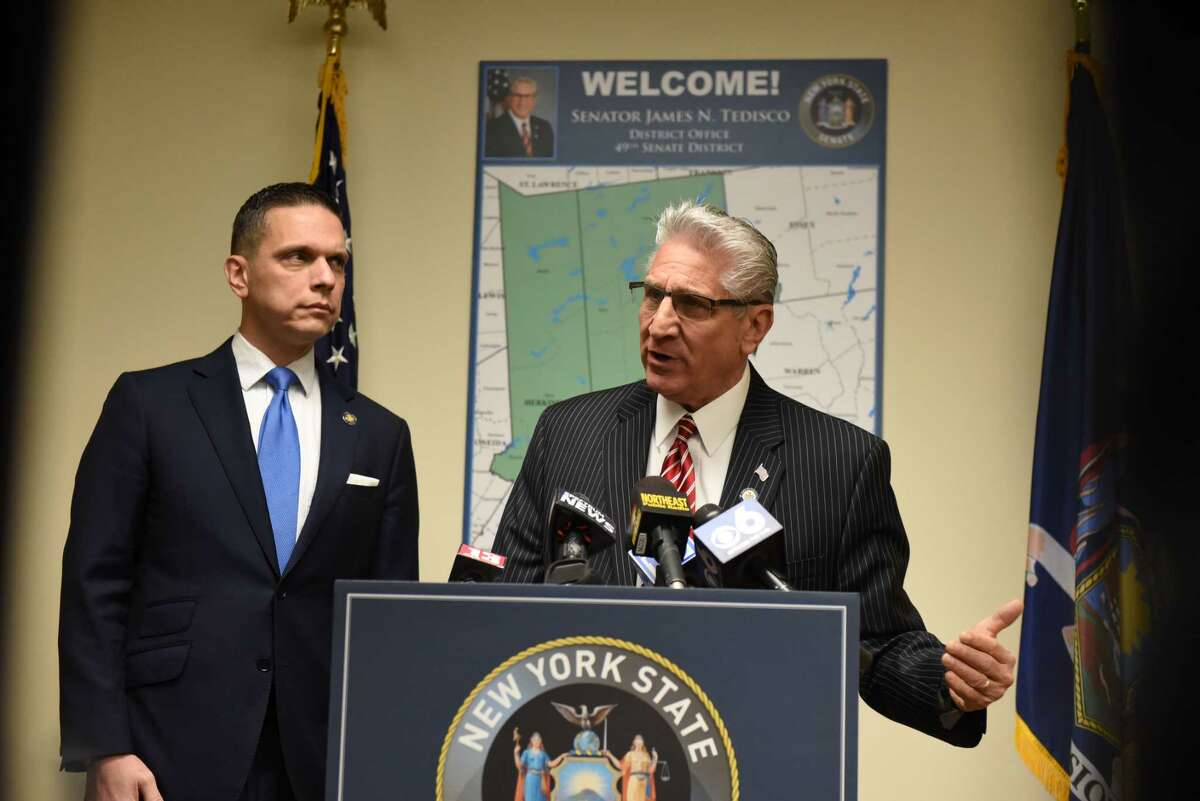 Assemblyman Angelo Santabarbara, left, and Senator James Tedisco speak during a press conference where they proposed bipartisan legislation aimed at giving judges greater oversight over when defendants are given bail on Monday, Nov. 25, 2019, at Sen. Tedisco's office in Clifton Park, N.Y. (Will Waldron/Times Union)
