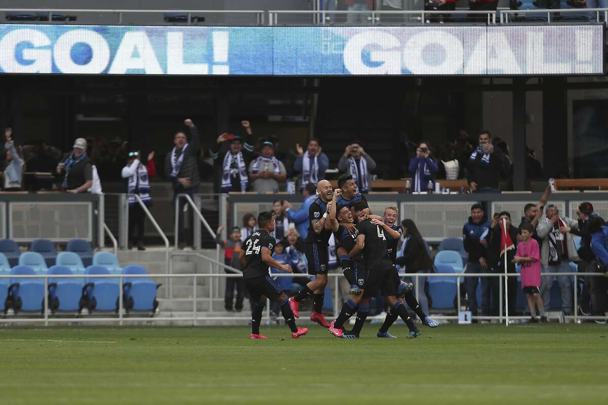 San Jose Earthquakes' Oswaldo Alanis (4) celebrates with teammates after scoring against Toronto FC during the second half of an MLS soccer game in San Jose, Calif., Saturday, Feb. 29, 2020. (AP Photo/Jed Jacobsohn)