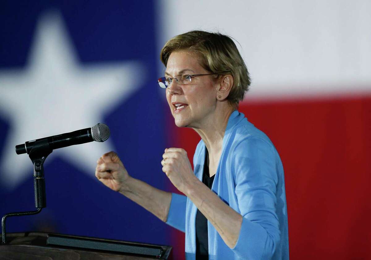 U.S. Democratic presidential candidate Elizabeth Warren speaks during town hall gathering a Discovery Green in downtown Houston on Saturday, February 29, 2020.