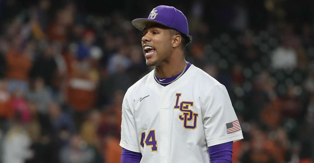 LSU relief pitcher Jaden Hill (44) reacts to the final strike out of the Shriners Hospitals for Children College Classic at Minute Maid Park on Friday, Feb. 28, 2020, in Houston.