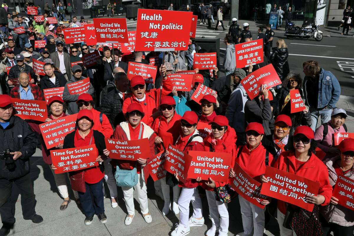 Hundreds gathered in San Francisco's Chinatown on Saturday for a march against anti-Chinese discrimination and baseless rumors around coronavirus.