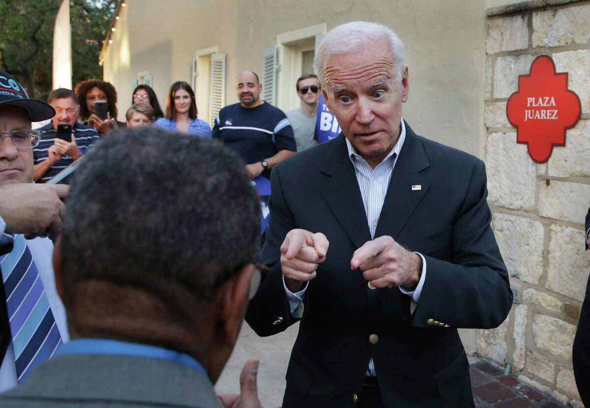 Vice President Joe Biden, Democrat Presidential Candidate interacts with a supporter during a rally at La Villita in San Antonio on Friday, Dec. 13, 2019.