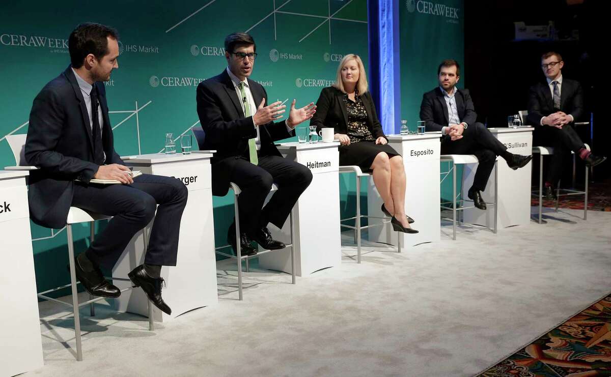 (from left) Francesco d'Avack, Sr. Analyst of Global Renewables at IHS Markit; John Berger CEO of Sunnova Energy Corp.; Emily Heitman, Vice President, US & Canada, Schneider Electric; Nathanael Esposito, President of Solar PV & Storage NA, E.ON Climate & Renewables North America; and Francis O'Sullivan, Sr. Vice President, Strategy, Lincoln Clean Energy, during a panel discussion titled " Global Solar: Shifting the focus from cost to value" on the fourth day of CERAWeek by IHS Markit at the Hilton Americas-Houston Hotel Wednesday, Mar. 14, 2019 in Houston, TX.