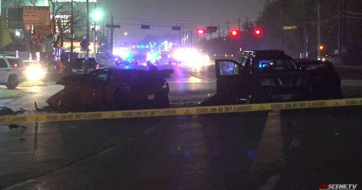 Harris County Sheriff's Office authorities investigate a crash that killed a couple on West Mount Houston on Sunday, Feb. 1, 2020.