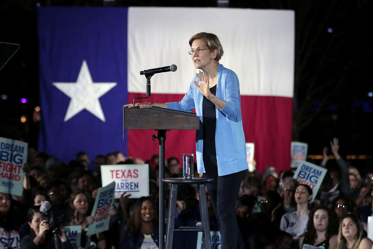 Democratic presidential candidate Sen. Elizabeth Warren, D-Mass., speaks to supporters during a town hall Thursday, Feb. 29, 2020, at Discovery Green in Houston.