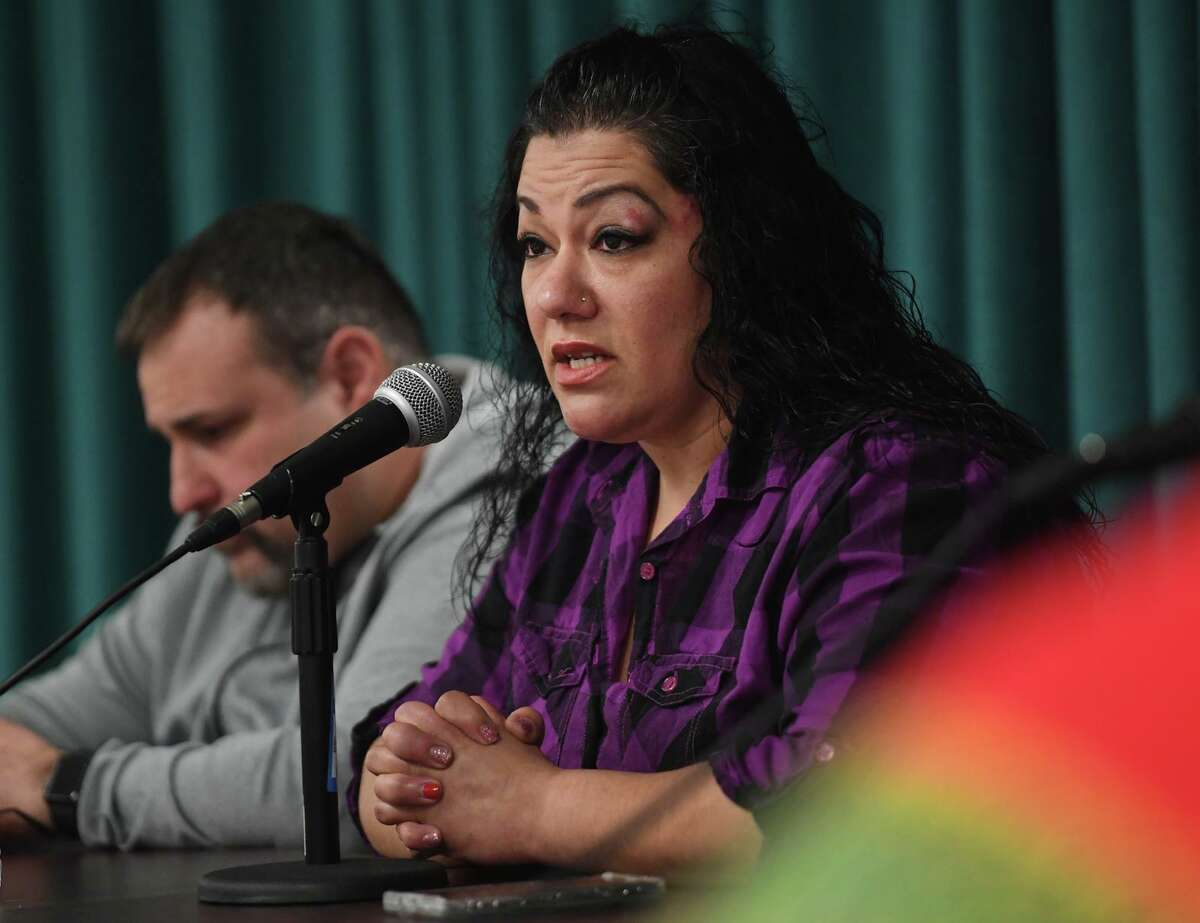 Bridgeport Board of Education Chair Jessica Martinez speaks in her own defense before a vote for her removal during a special meeting of the board in Bridgeport, Conn. on Monday, March 2, 2020.