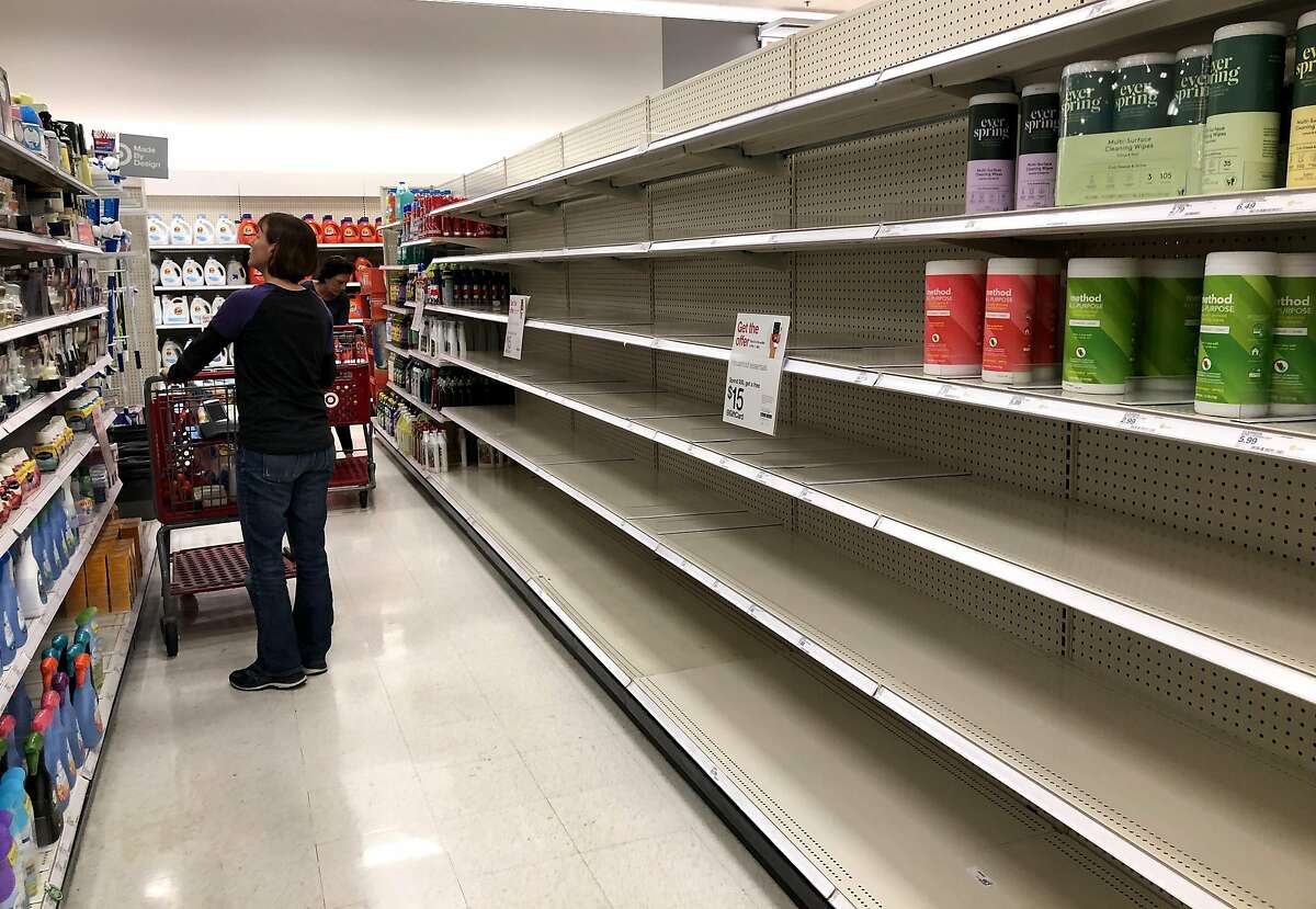NOVATO, CALIFORNIA - MARCH 02: Shelves where disinfectant wipes are usually displayed is nearly empty at a Target store on March 02, 2020 in Novato, California. As fears of the Coronavirus are spreading, people are emptying the shelves cleaning supplies, protective masks and bottled water at stores in the San Francisco Bay Area. (Photo by Justin Sullivan/Getty Images)