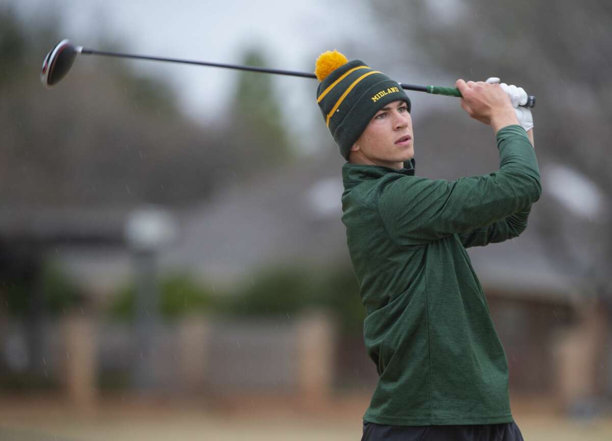 Midland College's George Saunders follows his tee shot 03/03/2020 during the second day of play in the TankLogix/Green Tree CC Invitational tournament. Tim Fischer/Reporter-Telegram