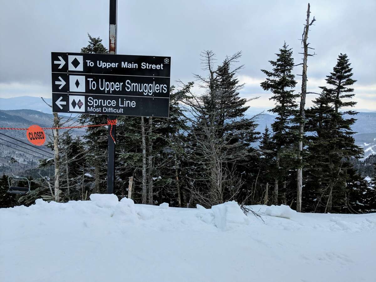 A black diamond trail sign at Stowe Mountain Resort.
