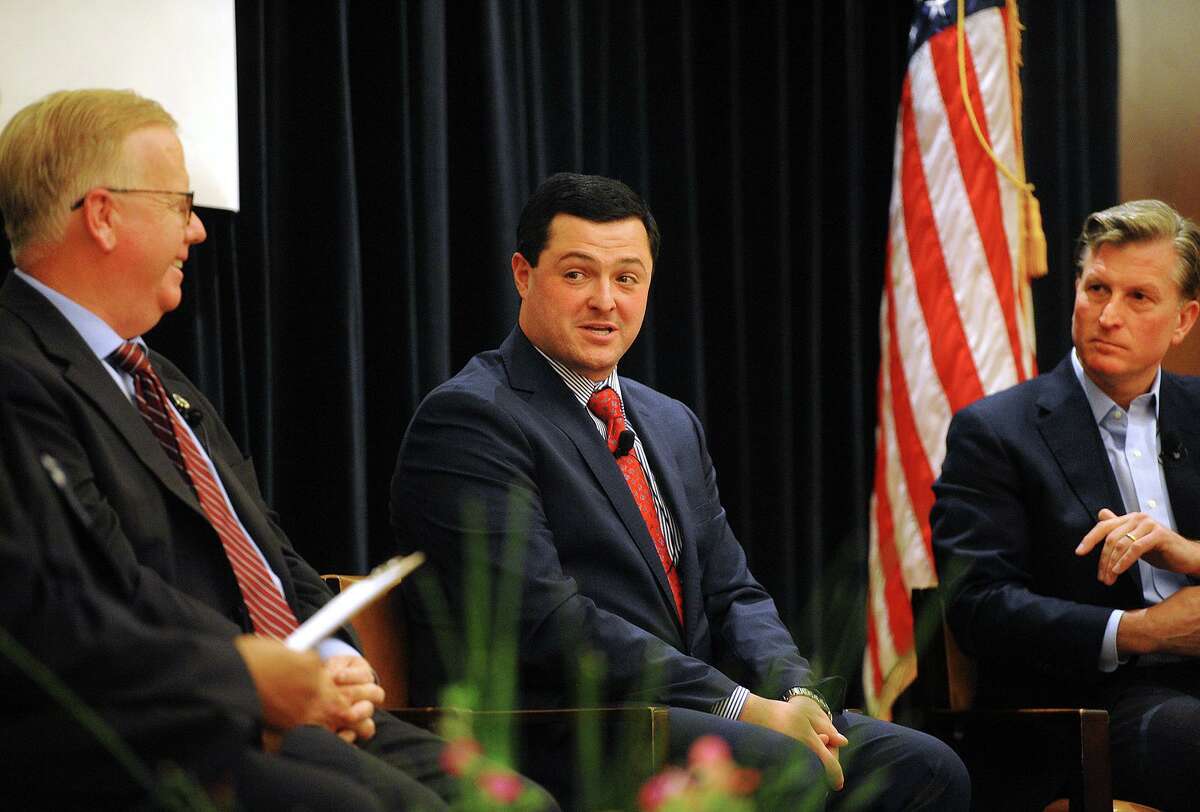 From left; Republican candidates for governor Mark Boughton, Tim Herbst, and Steve Obsitnik field questions during a gubernatorial forum sponsored by the CT Technology Council at the Trumbull Marriott in Trumbull, Conn. on Wednesday, June 13, 2018.