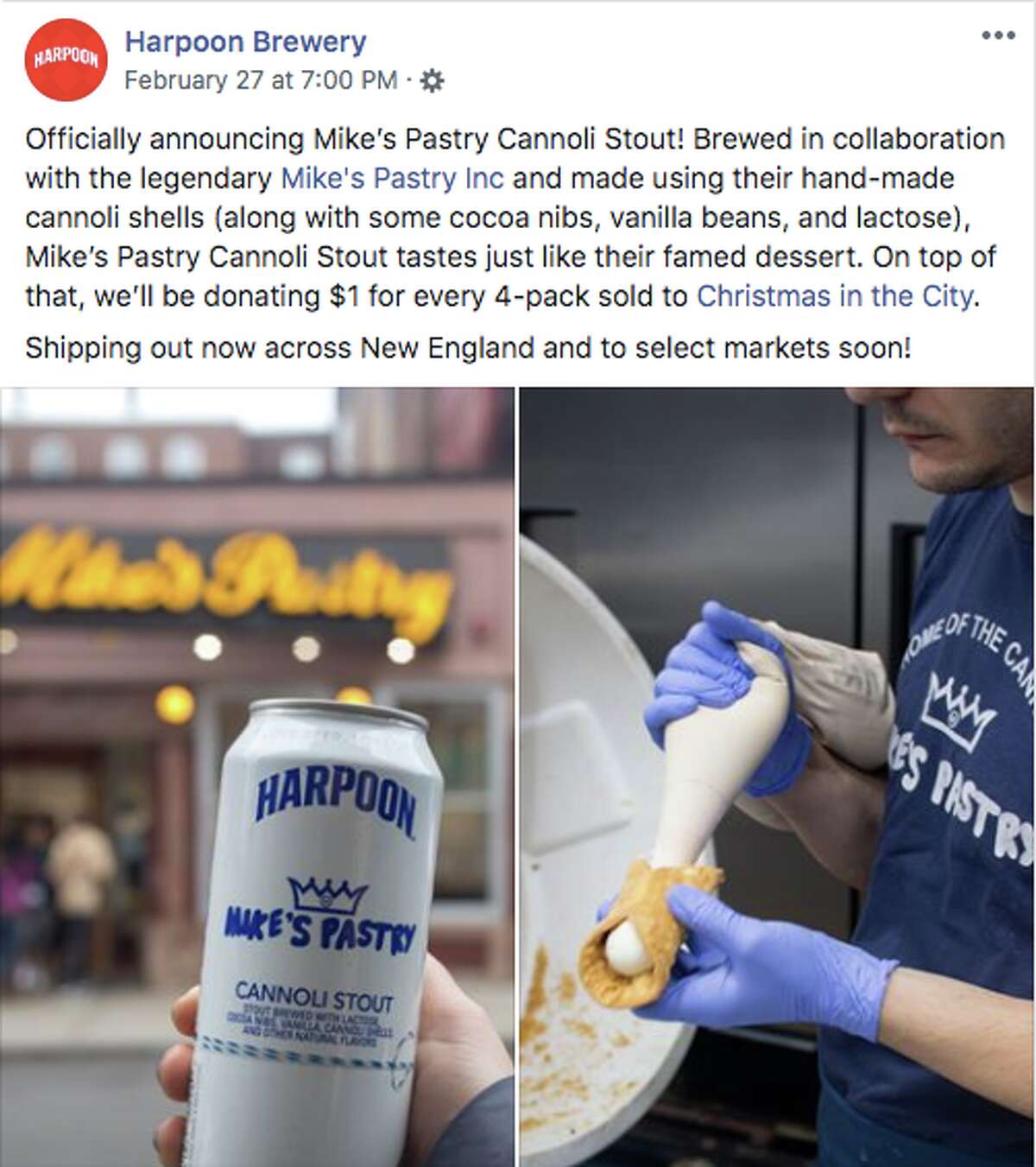 Mike's Pastry has announced a partnership with Boston-based Harpoon Brewery for a brand new cannoli-inspired stout beer, according to Eater Boston.