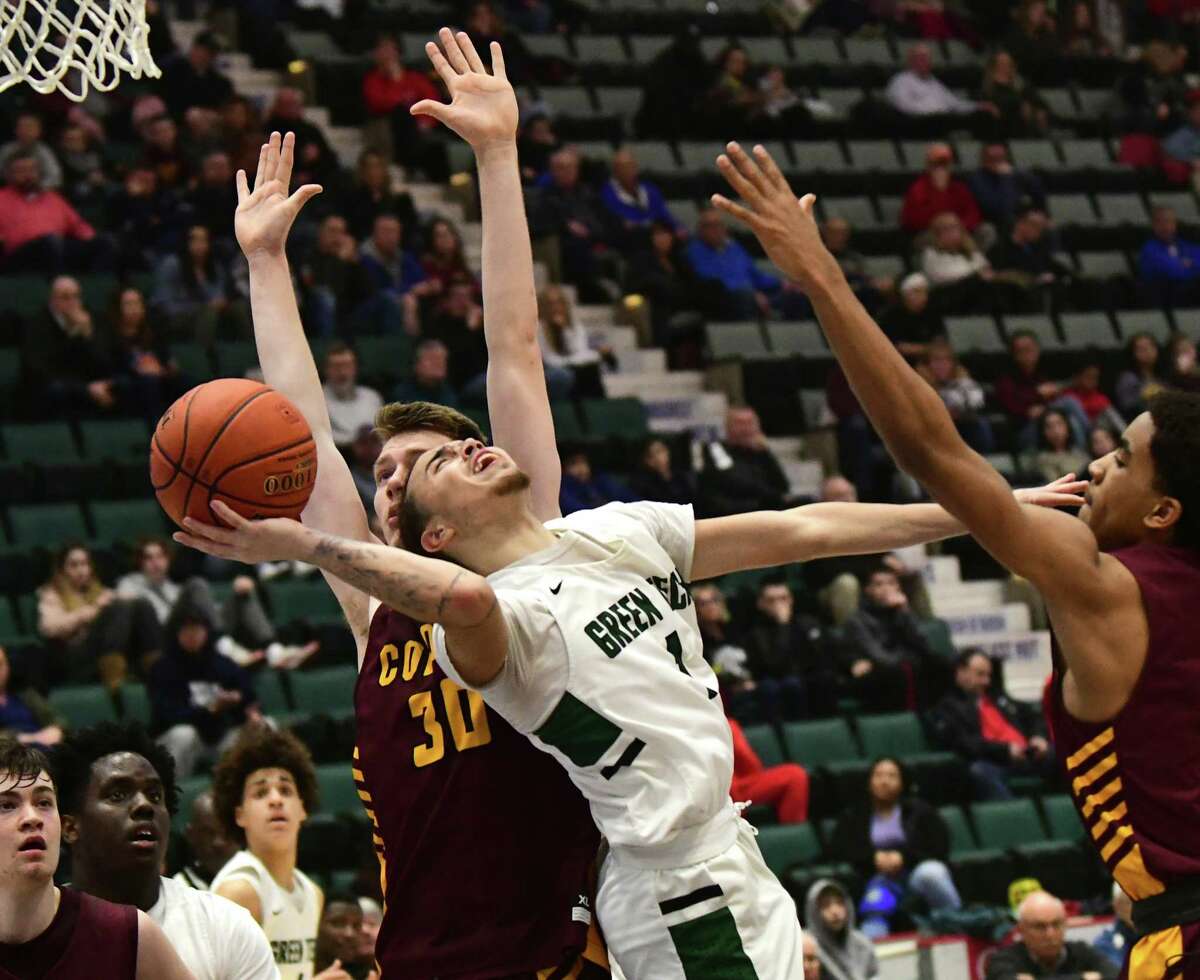 Green Tech's Joshua Rodriguez drives to the basket during a Class AA semifinal game against Colonie at the Cool Insuring Arena on Tuesday, March 3, 2020 in Glens Falls, N.Y. (Lori Van Buren/Times Union)