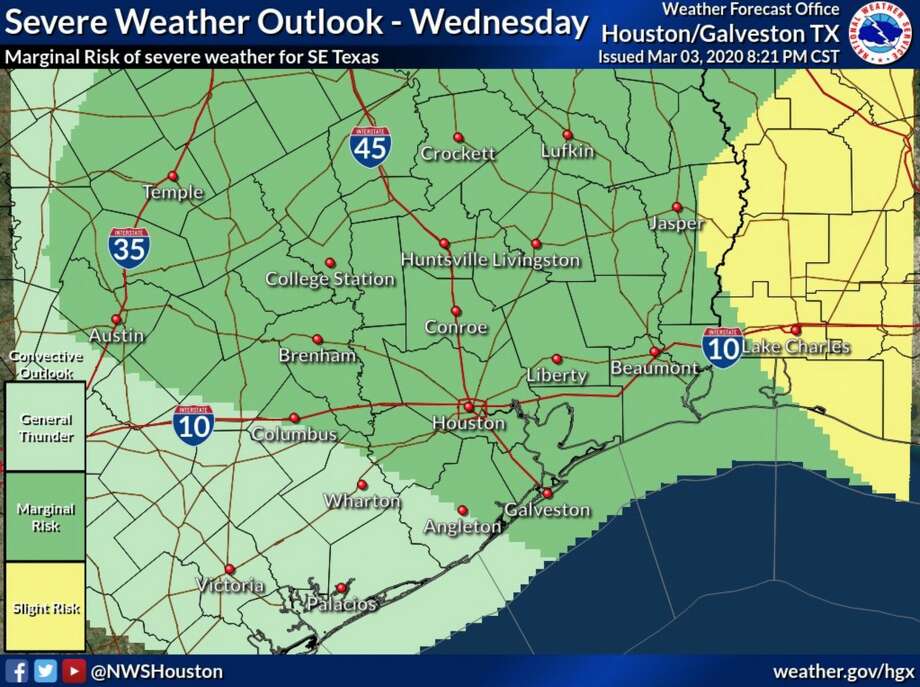 A map shows the severe weather risk for Wednesday, March 4, 2020, in Southeast Texas. Photo: National Weather Service