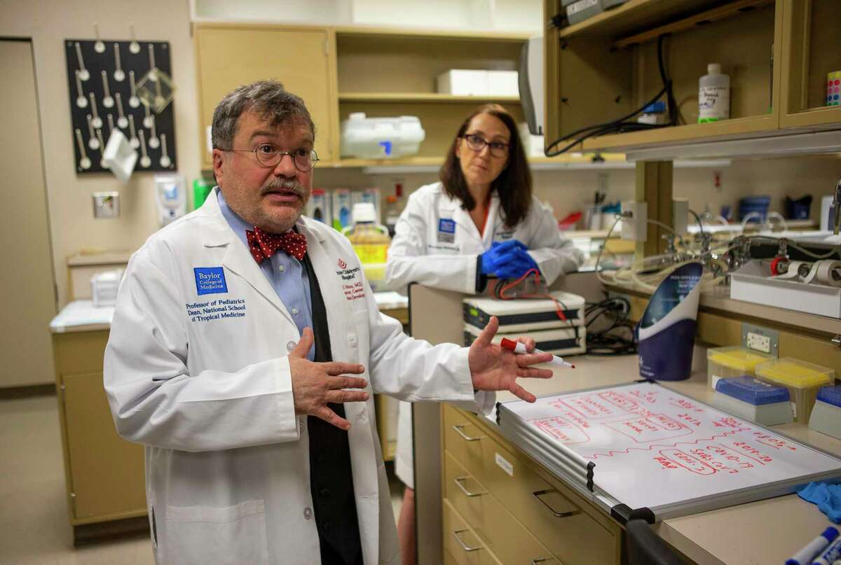 Dr. Peter Hotez and his science partner, Dr. Maria Elena Bottazzi, in their vaccine lab at Texas Children's Hospital Center for Vaccine Development - Baylor College of Medicine, in February 2020.
