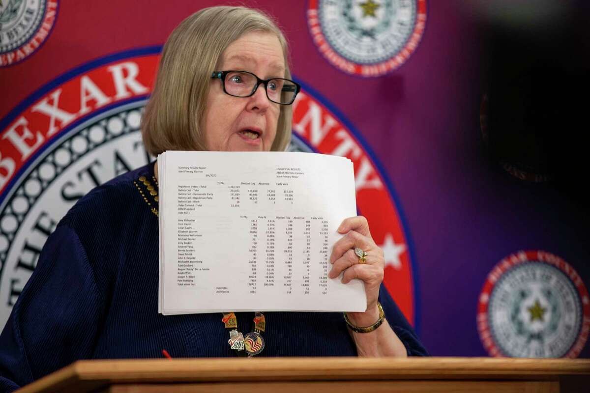 Bexar County Elections Administrator Jacque Callanen holds up consolidated primary election results during a press conference held at the Bexar County Elections Department in San Antonio, Texas, March 4, 2020. Callanen reported that the election broke records for number of votes for the primary election in Bexar County. The results of the election have been delayed after the voting system crashed multiple times Tuesday night.