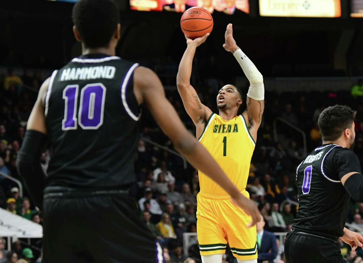 Siena's Elijah Burns takes a jump shot during a game against Niagara at the Times Union Center on Wednesday, March 4, 2020 in Albany, N.Y. (Lori Van Buren/Times Union)