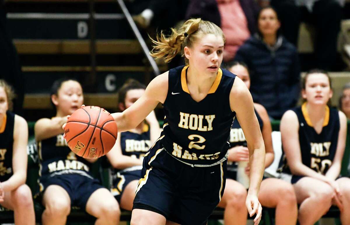 Academy of the Holy Names' Grace Field (2) during a girls' Section II Class A high school semifinal basketball game against Queensbury Wednesday, March 4, 2020 in Troy, N.Y. (Hans Pennink / Special to the Times Union)