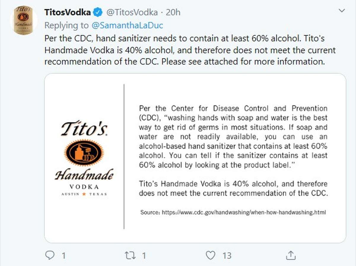 Tito's Vodka is asking it's fans to not use their alcohol to make homemade hand sanitizer.