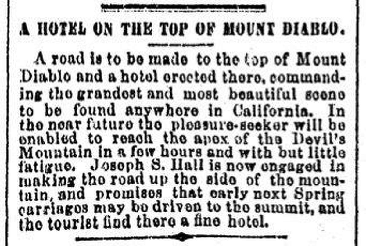 A Chronicle article on a road to the top of Mt Diablo allowing a hotel to be built there, September 15, 1873