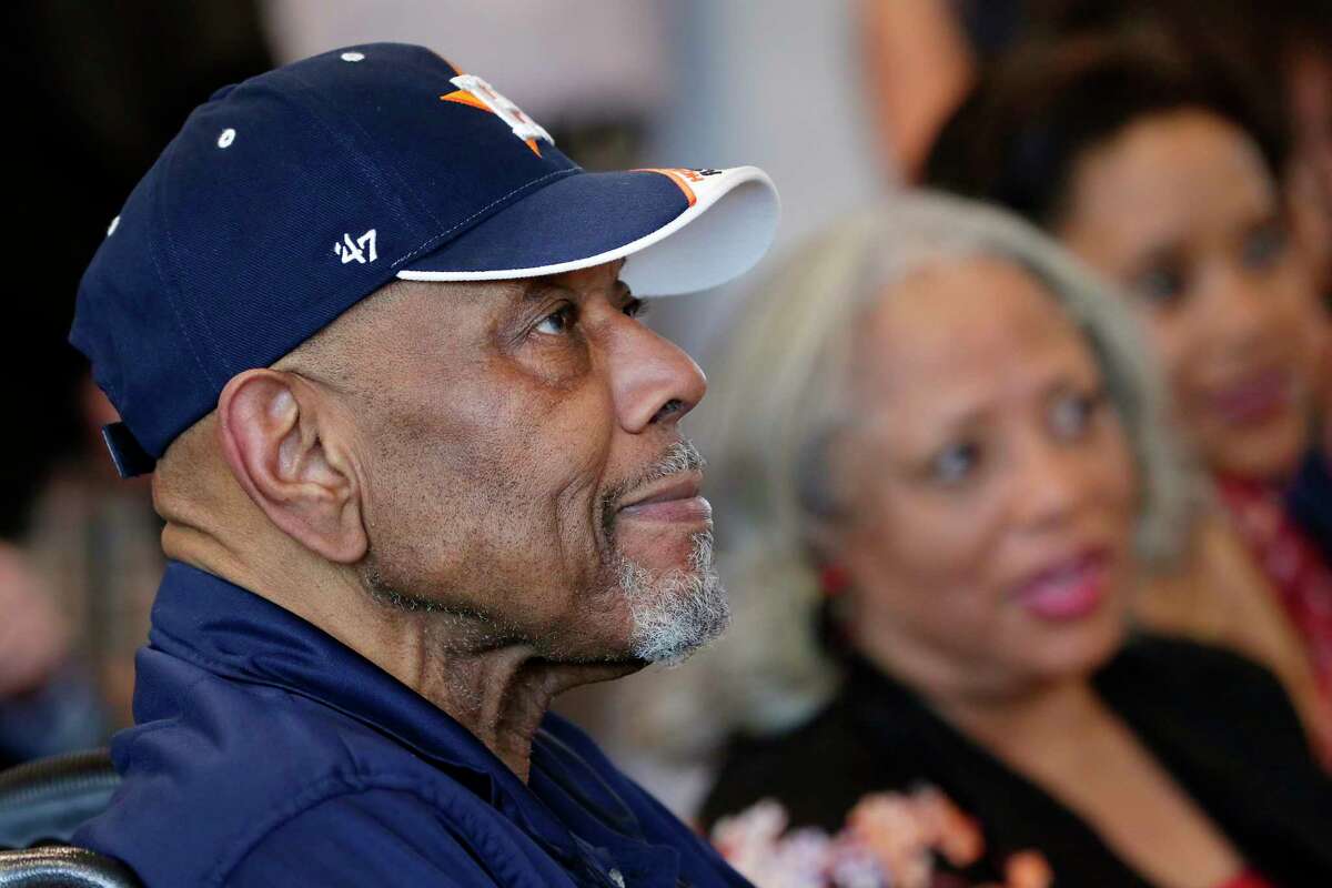 Bab Watson, left, sits with his wife Carol as they listen to presentations during dedication ceremonies of the Bob Watson Education Center at the Astros Youth Academy Thursday, Mar. 5, 2020 in Houston, TX.