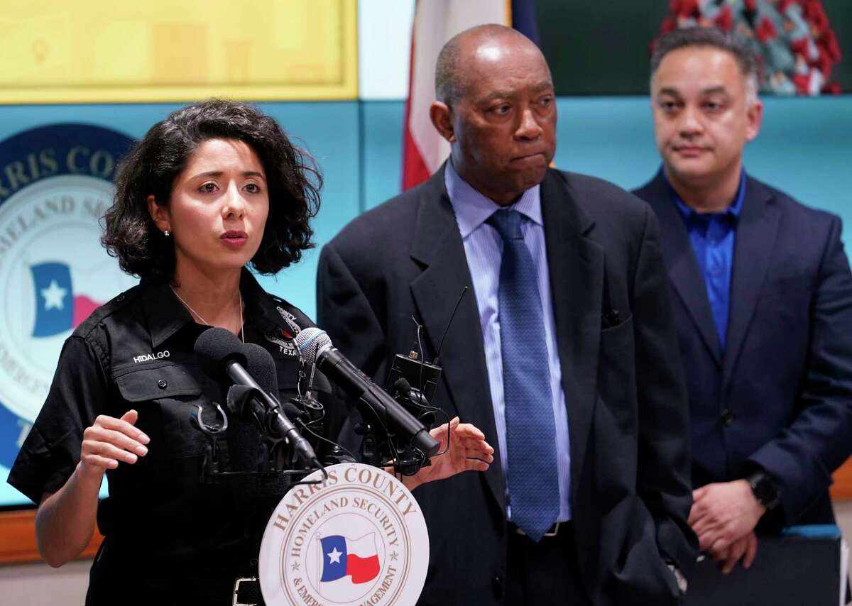Harris County Judge Lina Hidalgo, left, speaks as Houston Mayor Sylvester Turner, Dr. Umair Shah, executive director of Harris County Public Health, right, listen about the first two cases of coronavirus in Harris County during media conference at Houston Transtar Thursday, March 5, 2020 in Houston. One man and one woman in the unincorporated area of northwest Harris County tested positive for COVID-19, according to county officials. Both patients, and the man in Fort Bend county that tested positive for COVID-19, had traveled together to Egypt.