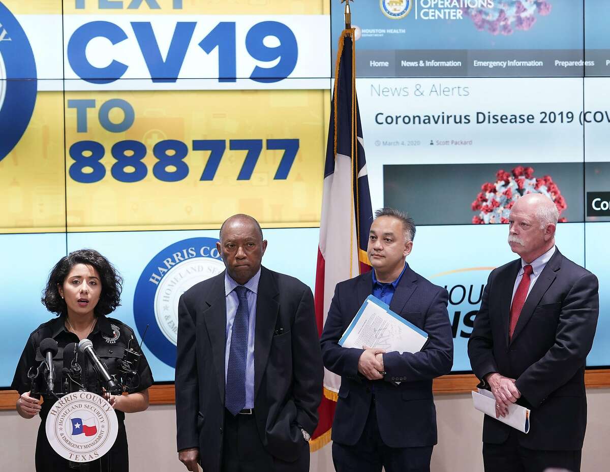 Harris County Judge Lina Hidalgo, left, speaks as Houston Mayor Sylvester Turner, Dr. Umair Shah, executive director of Harris County Public Health, and Dr. David Persse, Houston Health Department, right, listen about the first two cases of coronavirus in Harris County during media conference at Houston Transtar Thursday, March 5, 2020 in Houston. One man and one woman in the unincorporated area of northwest Harris County tested positive for COVID-19, according to county officials. Both patients, and the man in Fort Bend county that tested positive for COVID-19, had traveled together to Egypt.