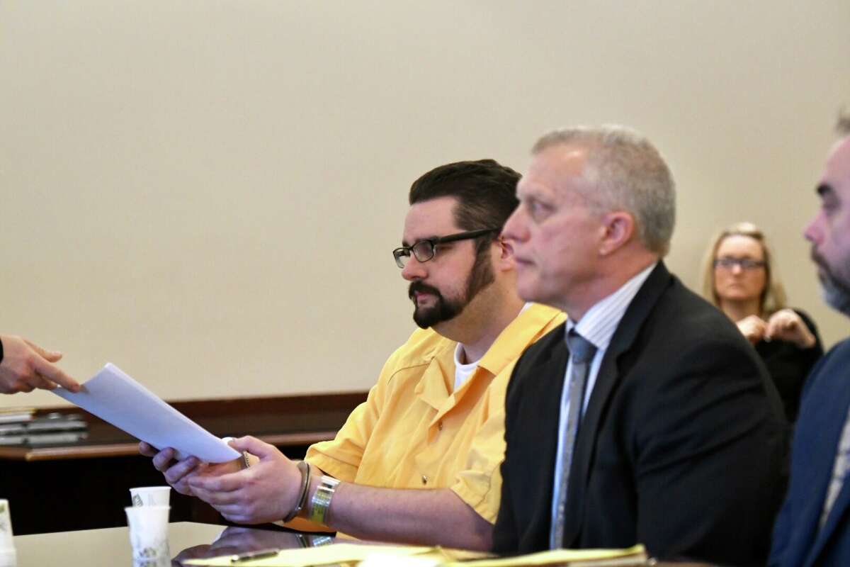 Edward “Ted” Mero, left, in court in Albany on Friday, March 6, 2020. A judge upheld the double-murder conviction of Edward “Ted” Mero, ruling that a secret business relationship between Mero’s former defense attorney and one of his prosecutors was not enough to give the killer a new chance at freedom. (Will Waldron/Times Union)