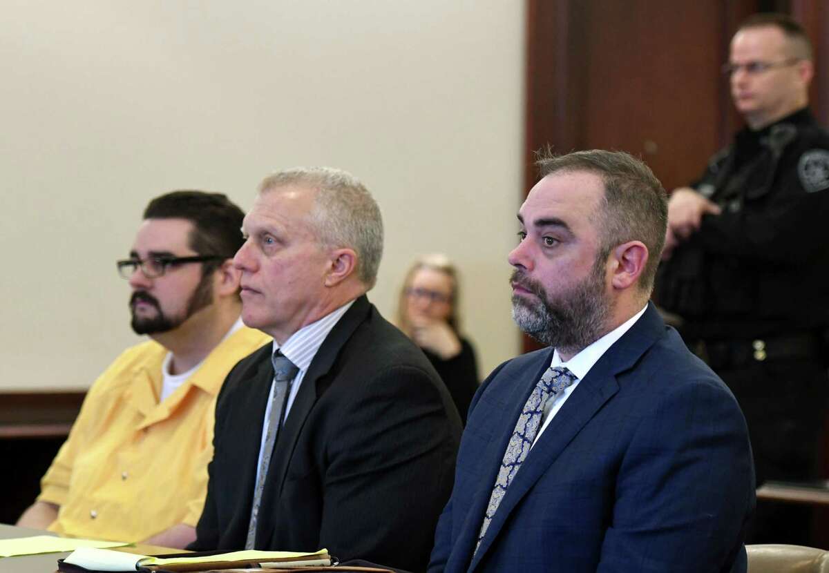 Convicted double-murderer Edward ?’Ted?“ Mero, left, sits with attorneys Trey Smith, center, and Matthew Hug, right, before state Supreme Court Justice Peter Lynch, who ruled that a secret business relationship between Mero's former defense attorney and one of his prosecutors was not enough to give the killer a new chance at freedom on Friday, March 6, 2020, at Albany County Court in Albany, N.Y. Mero, a former city water worker, is serving 50 years to life for the murders of Megan Cunningham and Shelby Countermine, both 23. (Will Waldron/Times Union)
