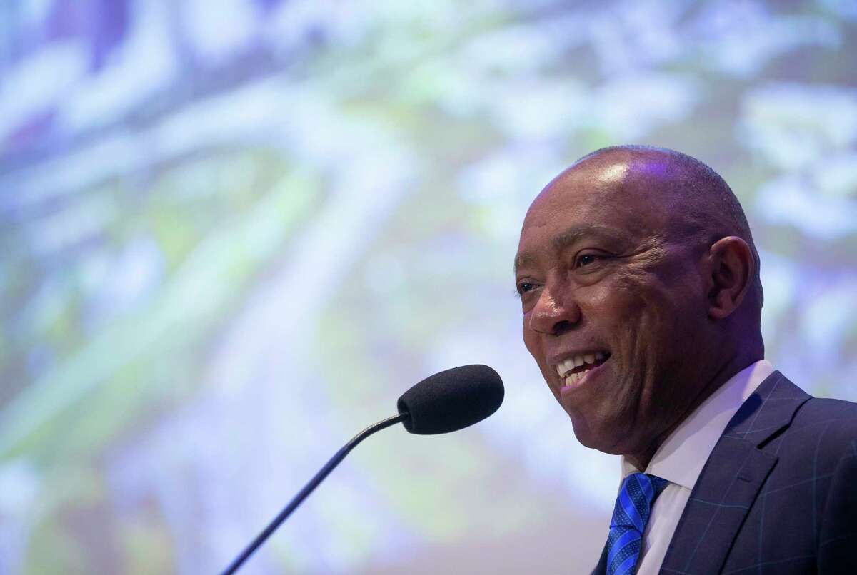 Mayor Sylvester Turner, shown here at a City Hall presentation last month, announced his endorsement of former vice president Joe Biden Friday.