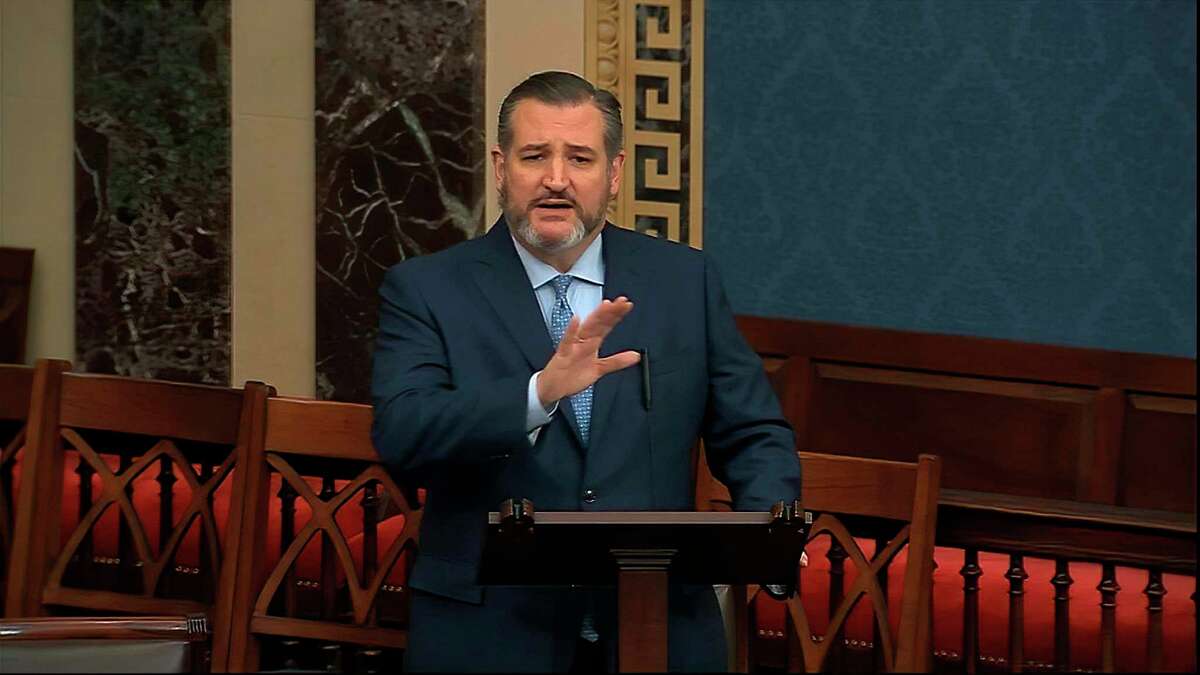 In this image from video, Sen. Ted Cruz, R-Texas, speaks on the Senate floor about the impeachment trial against President Donald Trump at the U.S. Capitol in Washington, Tuesday, Feb. 4, 2020. The Senate will vote on the Articles of Impeachment on Wednesday afternoon, Feb. 5. (Senate Television via AP)