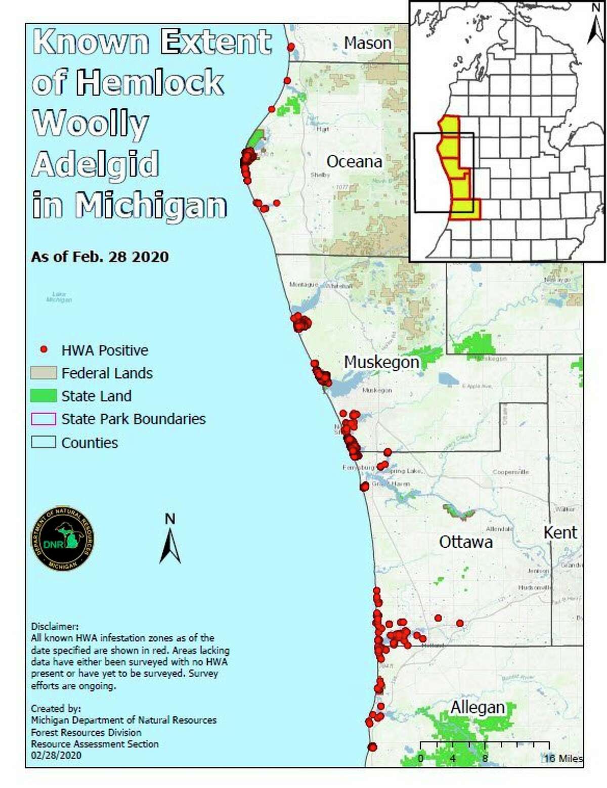 This map shows the known infestations of hemlock woolly adelgid in Michigan. (Courtesy map/Michigan DNR)