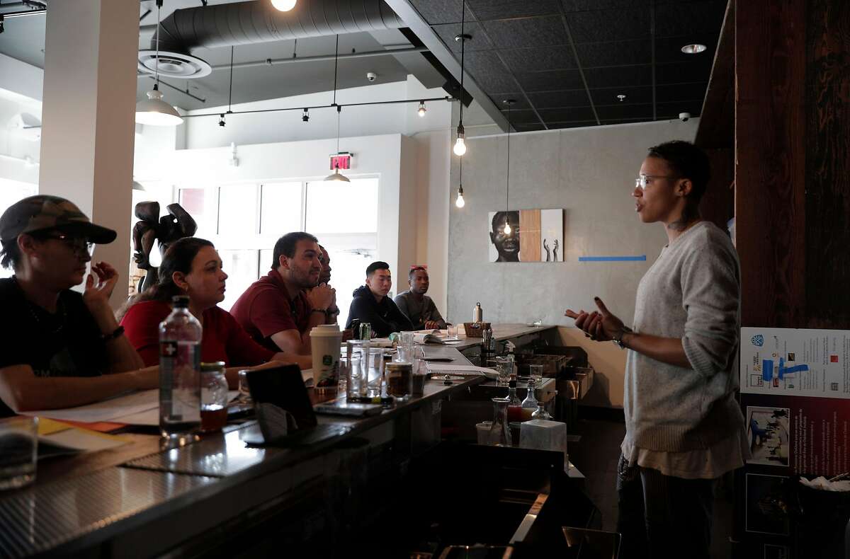 Teacher Redwood Hill leads a Bartending 201 class at the new Restore Oakland building in Oakland, Calif., on Wednesday, March 4, 2020. The restored building in Fruitvale district now houses social justice-oriented nonprofits, job training, and gallery space for local artists.