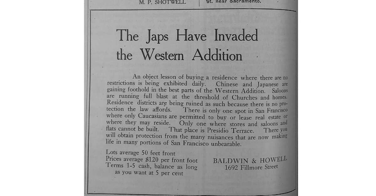 1906 ad shows restrictions for non-whites in San Francisco neighborhood.