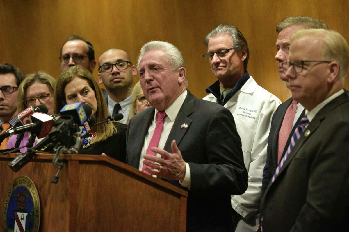 Norwalk Mayor Harry Rilling joined Gov. Ned Lamont and state and local officials, at a news conference to announce details of an employee from Danbury and Norwalk Hospitals that has tested positive for COVID-19 on Friday at Danbury City Hall.