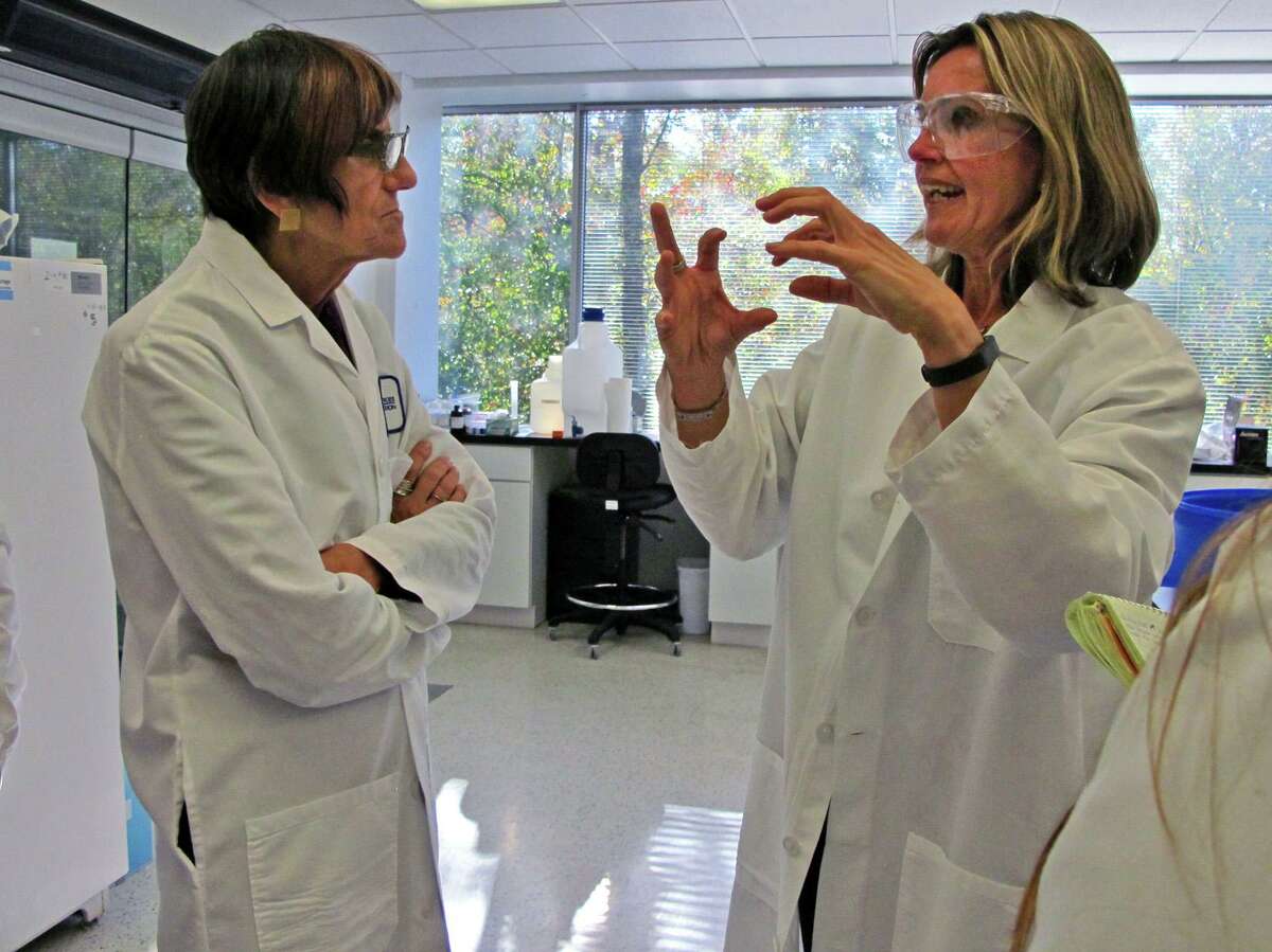 Manon Cox, then-president and CEO of Protein Sciences of Meriden, talks with U.S. Rep. Rosa DeLauro, D-3, at the company's lab in 2014. The lab was developing a vaccine that will help the body fight Ebola.