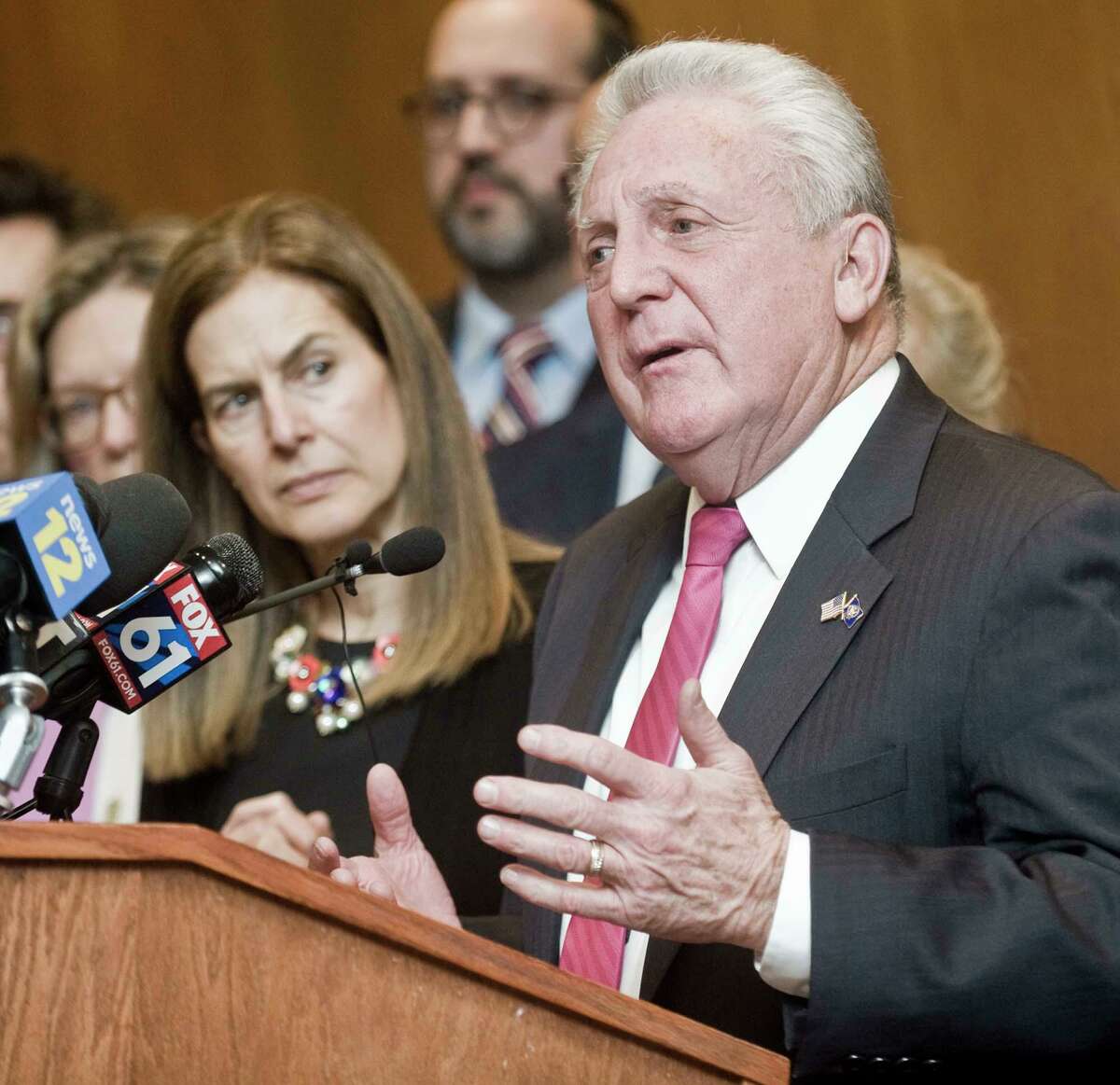 Norwalk Mayor Harry Rilling speaks at a news conference at Danbury City Hall regarding an employee from Danbury Hospital and Norwalk Hospital who is a resident of New York State and has tested positive for coronavirus disease (COVID-19). Friday, March 6, 2020