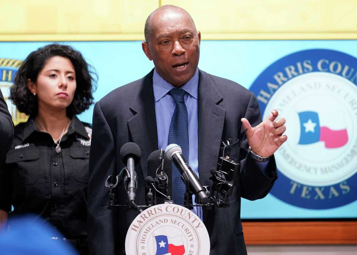 Harris County Judge Lina Hidalgo, left, listens as Houston Mayor Sylvester Turner, right, speaks about the first two cases of coronavirus in Harris County during media conference at Houston Transtar Thursday, March 5, 2020 in Houston. One man and one woman in the unincorporated area of northwest Harris County tested positive for COVID-19, according to county officials. Both patients, and the man in Fort Bend county that tested positive for COVID-19, had traveled together to Egypt.