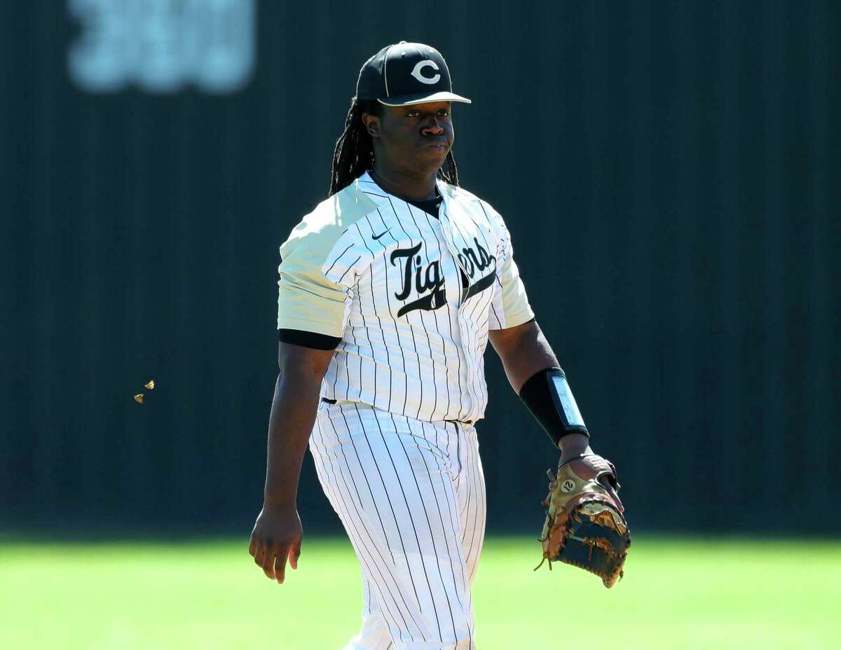 Conroe’s Jarvis Dickey (21), shown here on Thursday, pitched well for the Tigers in a 1-1 tie against Jersey Village to conclude the Ferrell Classic on Saturday.