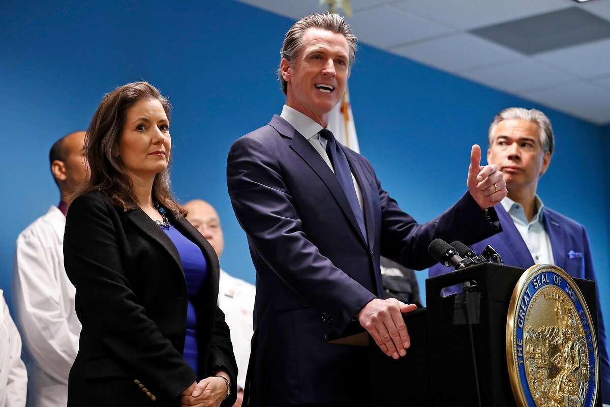 California Governor Gavin Newsom and Oakland Mayor Libby Schaaf give update on Grand Princess cruise ship in Oakland, Calif., on Sunday, March 8, 2020.