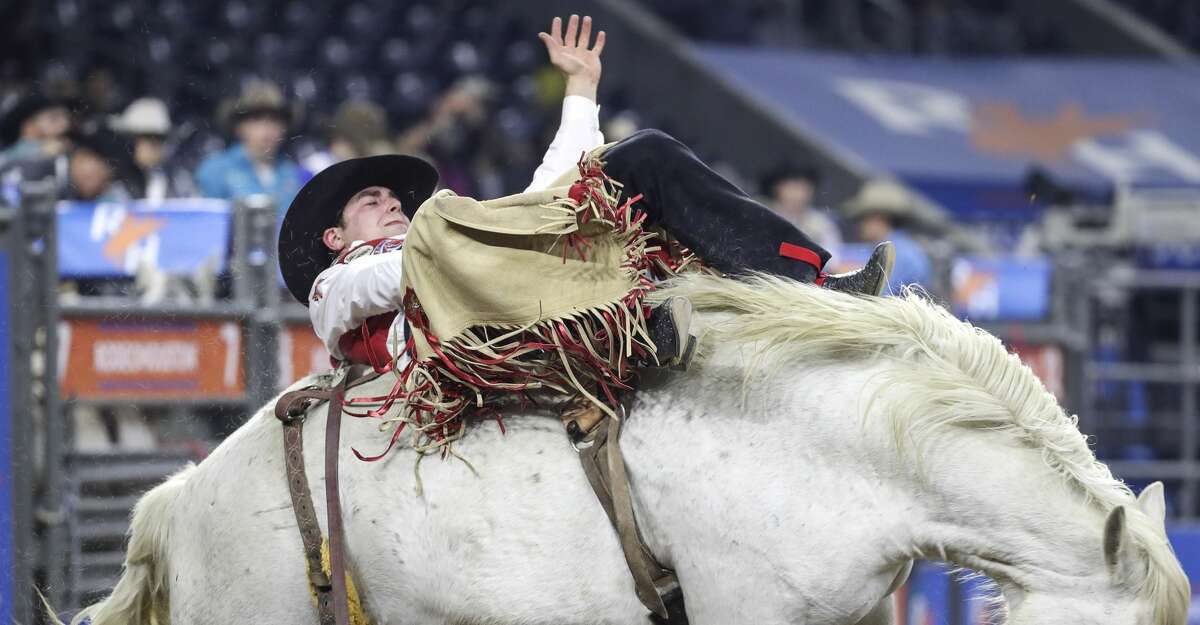 Paden Hurst competes in the bareback riding event in Round 1 of Super Series II at the Houston Livestock Show and Rodeo on Friday, March 6, 2020, at NRG Stadium in Houston.