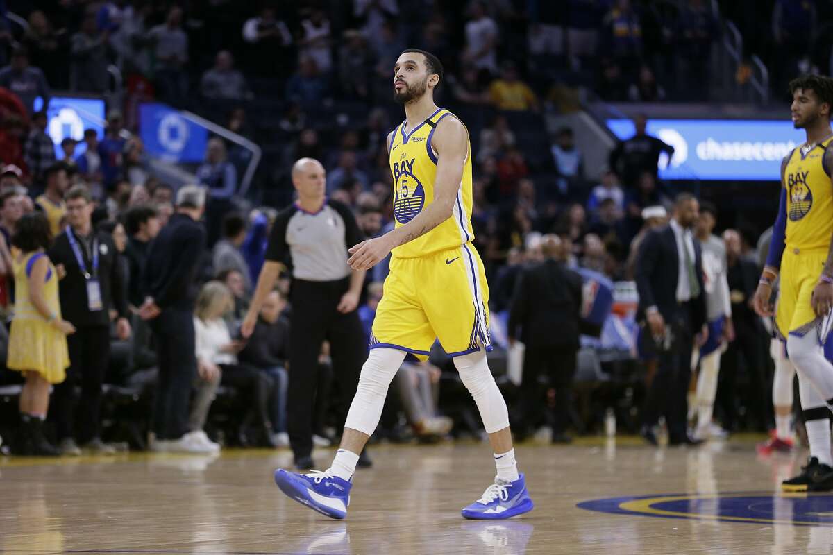 Golden State Warriors Mychal Mulder (15) in the fourth quarter of an NBA game against the Philadelphia 76ers at Chase Center on March 7 in San Francisco. The Warriors won 118-114.