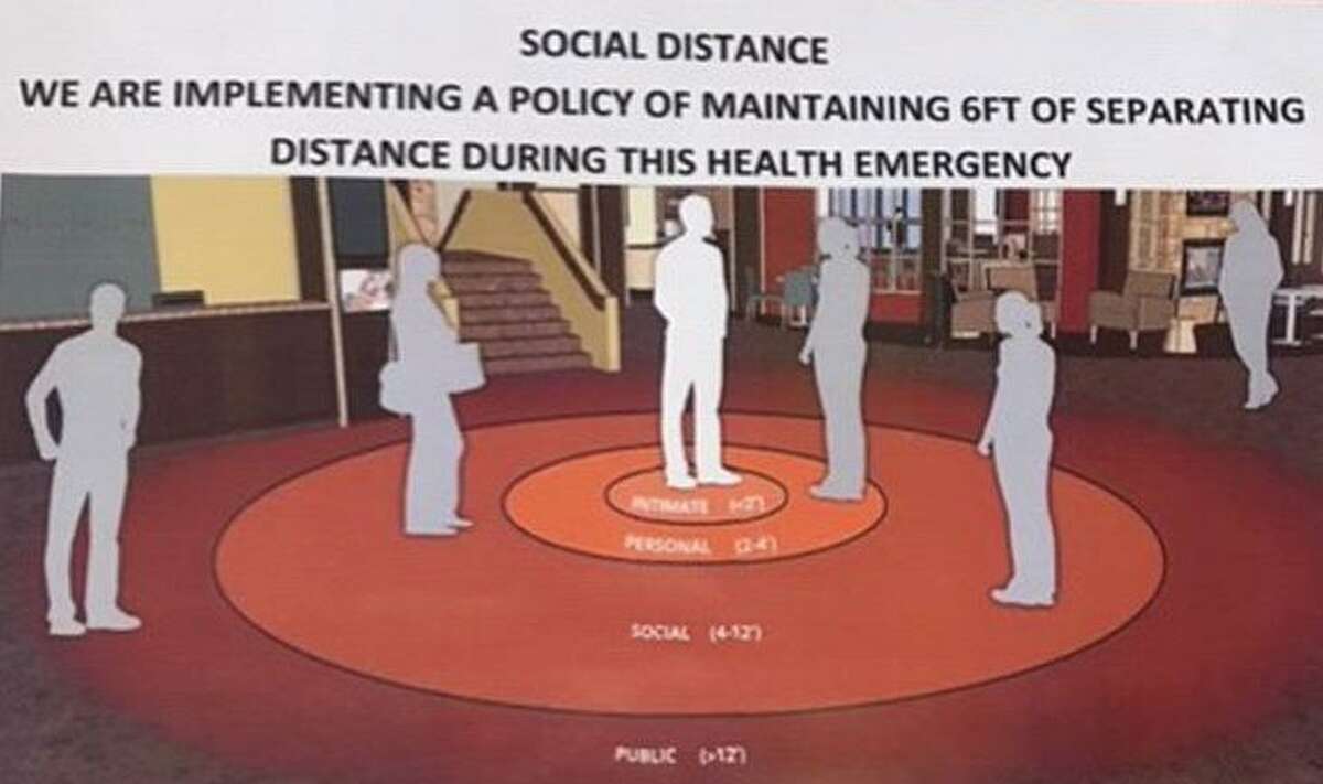 In light of a resident contracting the coronavirus, the town of Wilton is posting “social distancing” posters, recommending people maintain a distance of three to six feet from each other in social gatherings.