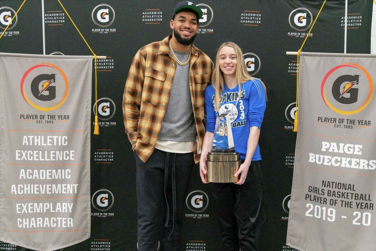 UConn signee Paige Bueckers is surprised by NBA star Karl-Anthony Towns as she receives the Gatorade National Player of the Year Award on March 9. UConn Hall of Famer says of Bueckers: “People all over knew what she looks like. They knew who she was. They knew how she plays. She’s a freshman. That couldn’t have existed for some of the other players who came to UConn, because social media wasn’t available. There is a whole nother level of awareness and I suppose the pressure that will come with that, depending on if she sees it as pressure.”