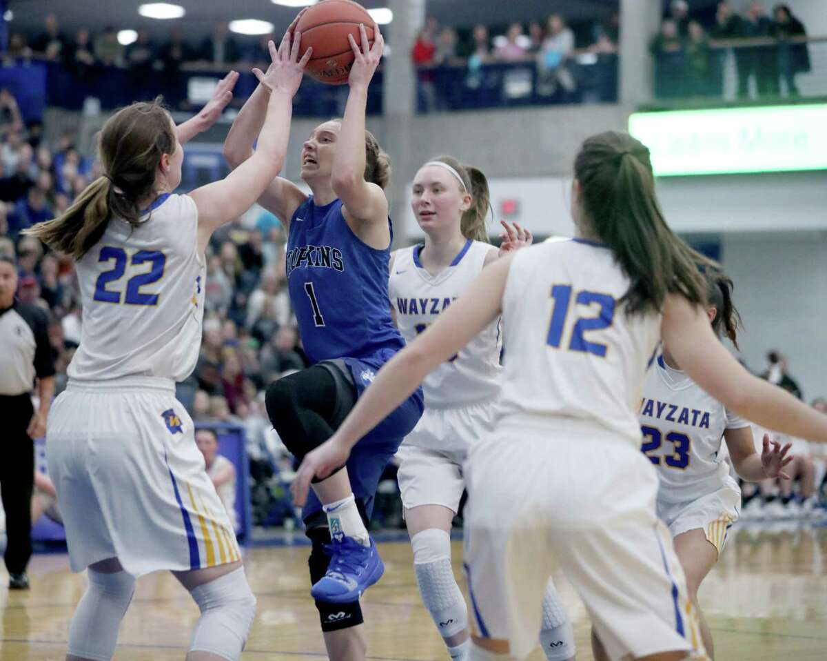 Minnetonka, MN February 1: Hopkins Paige Bueckers (1) owned the night, leading her team to a 69-66 win over Wayzata while reaching 2000 high school career points as a junior, and seen driving towards the basket during the second half. (Photo by David Joles/Star Tribune via Getty Images)