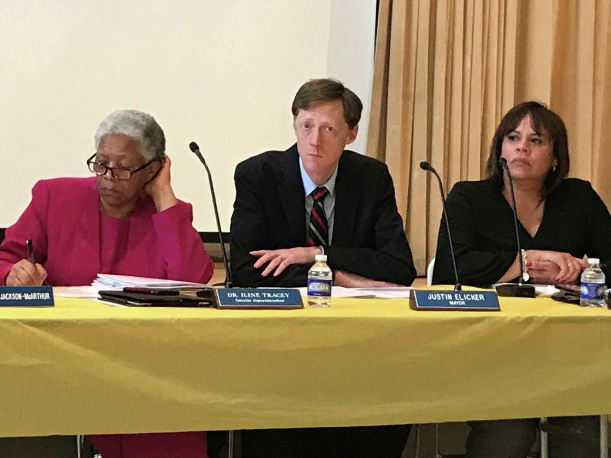 New Haven interim Superintendent of Schools Iline Tracey, Mayor Justin Elicker and Board of Education President Yesenia Rivera