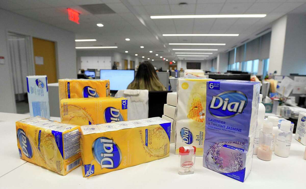 Dial products are displayed in the offices in Henkel’s consumer goods headquarters at 200 Elm St., in downtown Stamford, Conn.