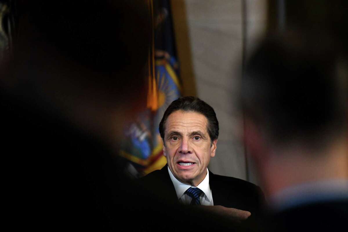 Gov. Andrew Cuomo answers questions during a news briefing where he provided updates on state coronavirus infections, and measures being taken to mitigate its dispersion on Tuesday, March 10, 2020, in the Red Room at the Capitol in Albany, N.Y. (Will Waldron/Times Union)
