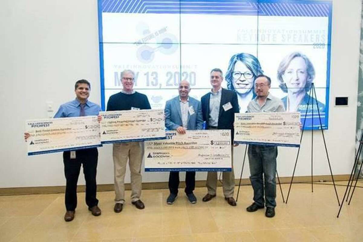 Yale Lifesciences Pitchfest 2019, presented by the Blavatnik Fund for Innovation at Yale, was held in December at Alexion Pharmaceuticals. The top 32 biotech opportunities within Yale presented 5-minute pitches to industry judges and an audience of more than 350 people. More than 100 companies and investment firms were represented. In addition to advancing as semifinalists, the presenters competed for $4,500 in prizes, which were awarded at the end of the day. The winners, above, (not in order) were Ranjit Bindra, M.D., Associate Professor of Therapeutic Radiology, won “Best Presentation” for his cancer-fighting drugs; Peter Glazer, M.D., Chair of the Department of Therapeutic Radiology, won “Highest Potential Impact” for a new antibody-based gene editing technology; Ya Ha, Ph.D., Associate Professor of Pharmacology, won “Most Innovative Breakthrough” for his therapy to target a genetic abnormality associated with cancer with his collaborator Jonathan Ellman; Choukri Ben-Mamoun, Ph.D., Professor of Medicine, won “Most Valuable Pitch” for his first-in-class antifungal agents.